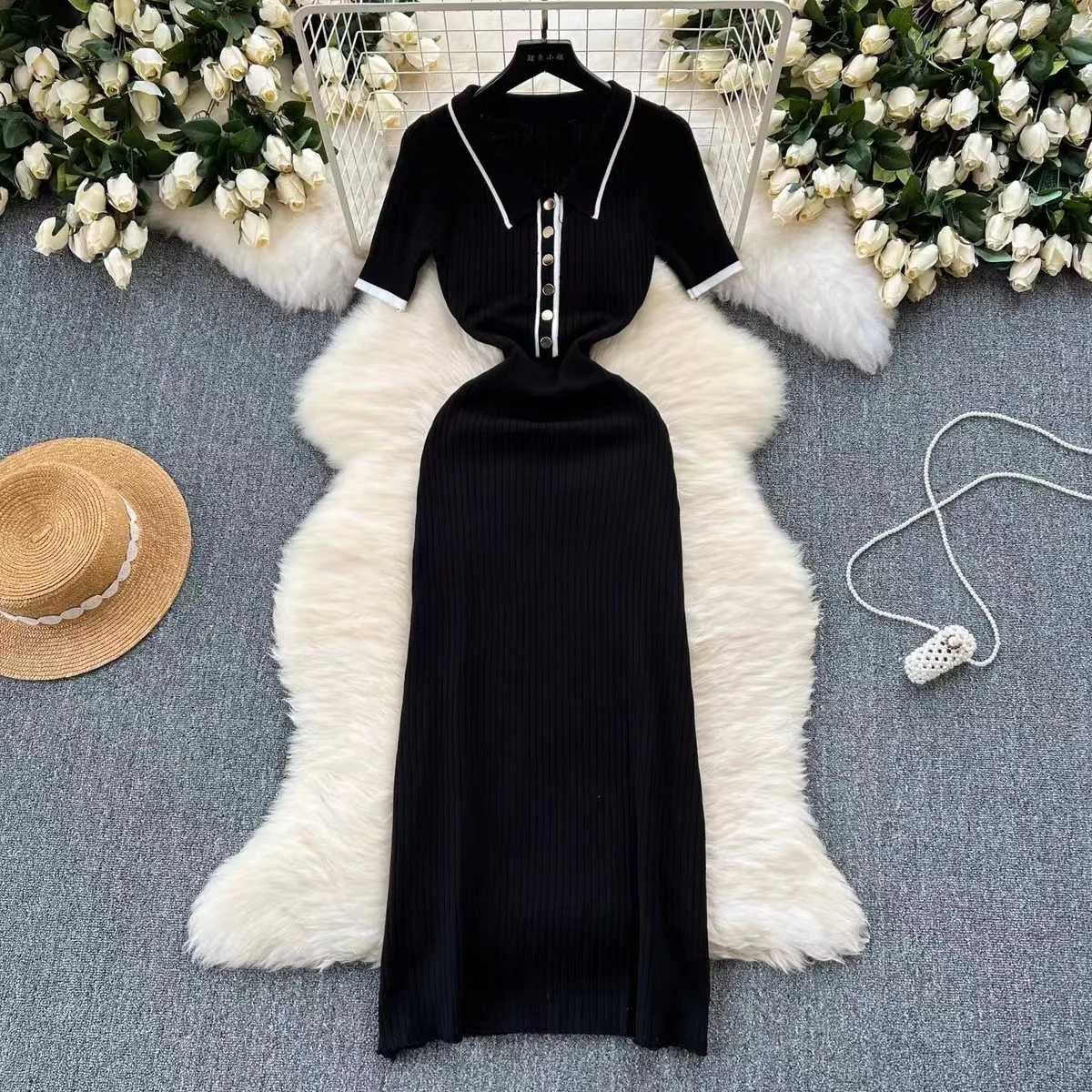 2024 Autumn Women's White Knit Maxi Dress, Short Sleeve, Patchwork, Elegant Party Dress, Knitwear Lapel, High Street, Fashion