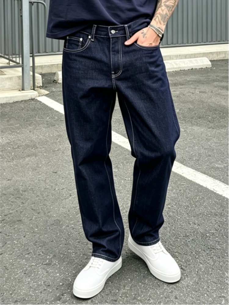 2026 New Mens Blue Jeans Mid Waist Relaxed Straight Pants Retro Minimalist Business Casual Male High Street Fashion Trousers