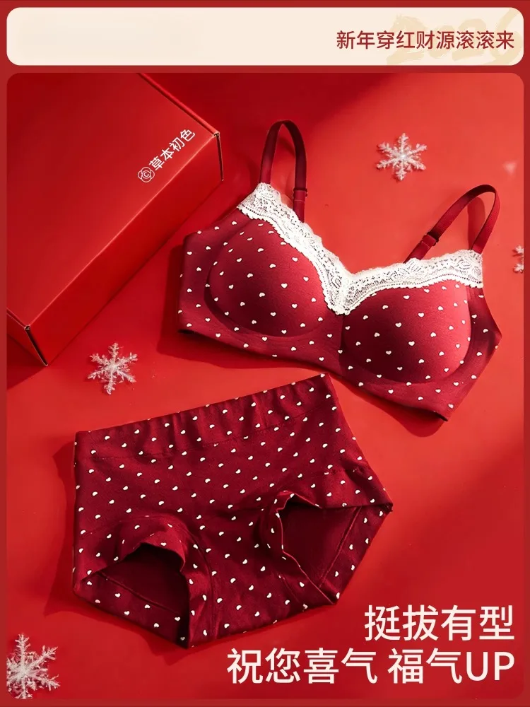 

Sexy Red Lingerie Set Pure Desire Year of Birth Small Chest Gathered Push Up Bra & Briefs Women Underwear M-2XL MOYISU Sexy Red