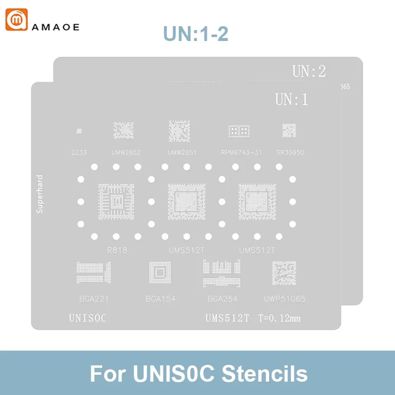 AMAOE UN1 UN2 BGA Reballing Stencil for UMS512T UWP51065 UMS9230H UNISOC PlantingTin Steel Mesh Template