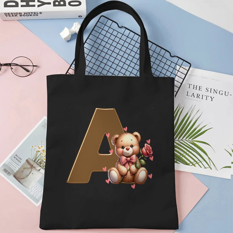 Casual Large Capacity Shoulder Bags Women's Cute Bear Rose 26 Alphabet Canvas Tote Bags Teen Fashion Team Bride Party Handbags