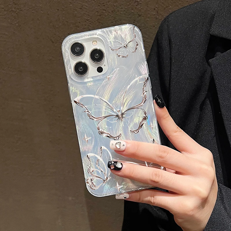 For iPhone 14 13 15 16 Pro Max Case Luxury Laser Silver Butterfly Phone Case for iPhone 11 12 Pro Max XS XR 7 8 14 15 Plus Case