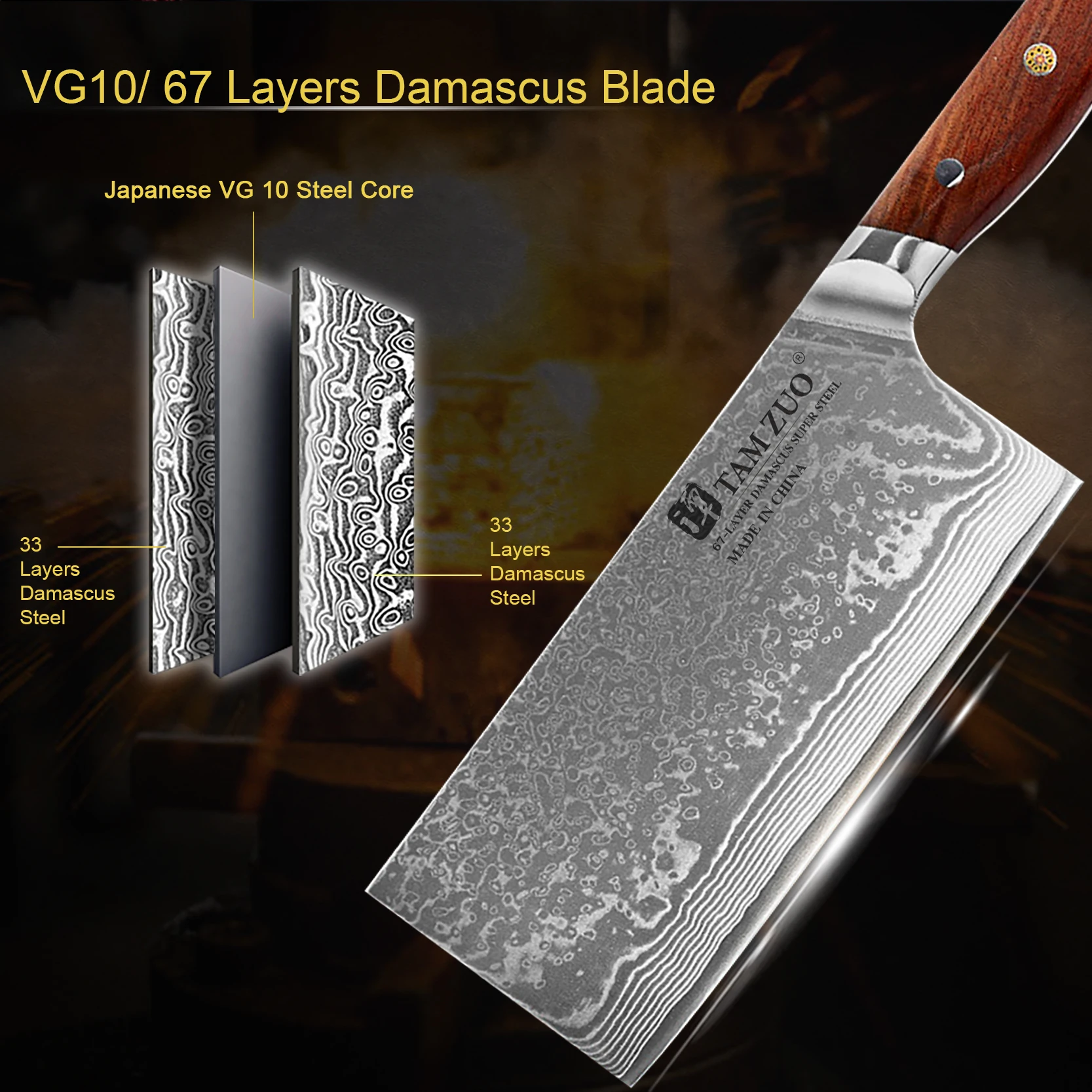 TAMZUO 7inch Damascus Steel Sharp Slicing Knife Damascus Cleaver Knife Vegetable Meat Professional Butcher Knife Rosewood Handle