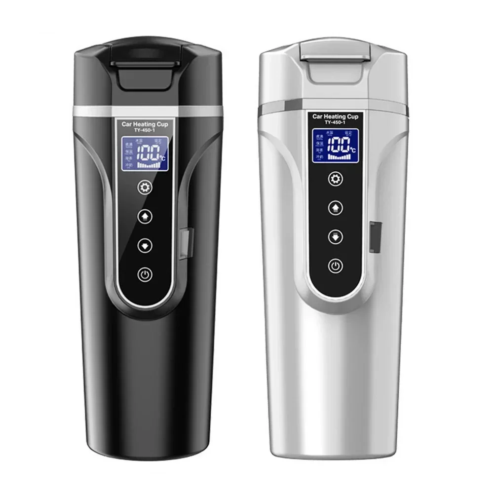 New 450ML Heat Preservation Portable 12V/24V Water Warmer Bottle Stainless Steel Electric Kettle Car Heating Cup LCD Display