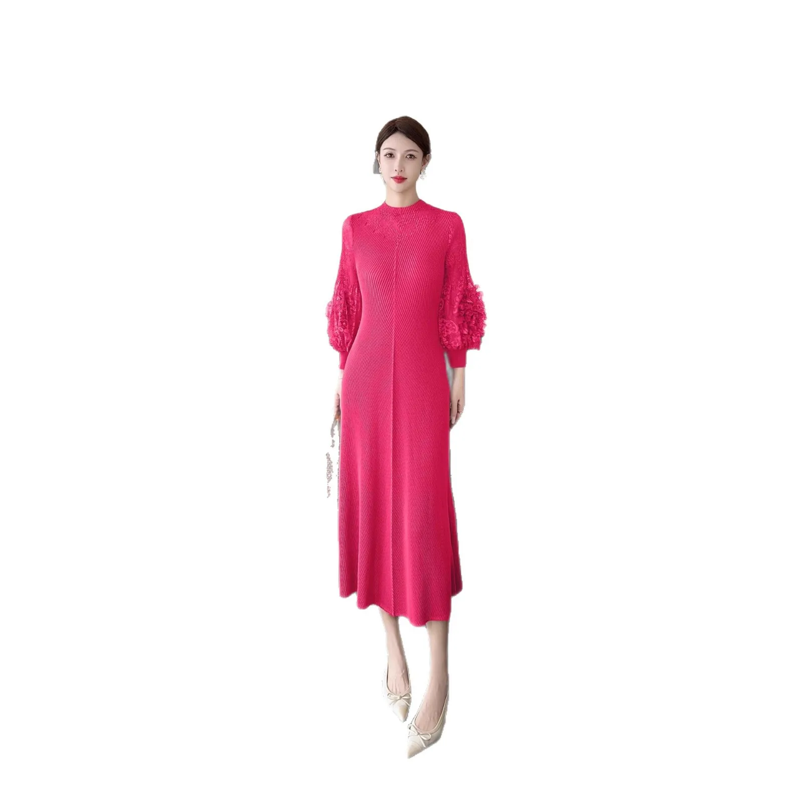 Miyake Pleated Lace Spliced Dress for Women 2025 New Solid Color High-end Half-high Neck Long Sleeve Loose Dress Long Skirt