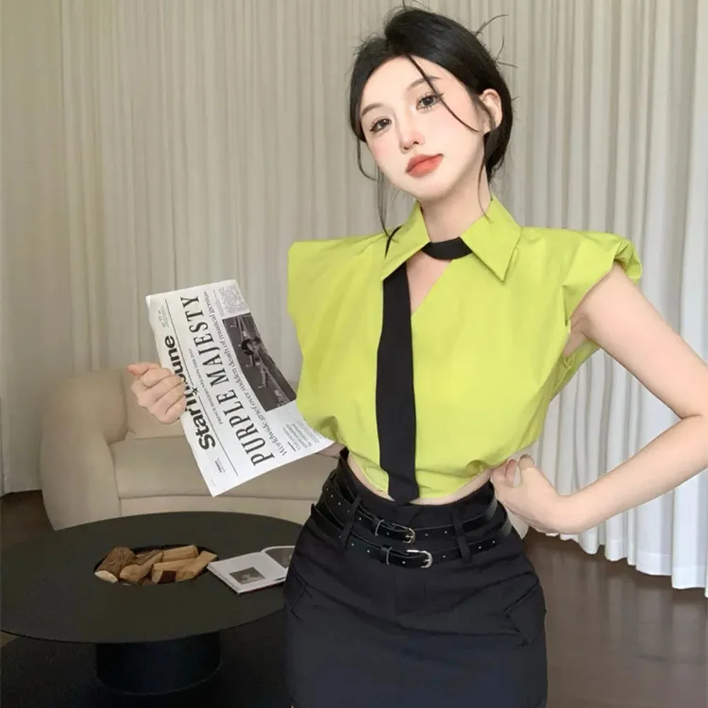 Lässig lose Bluse Frauen Kleidung Büro Dame ärmellose kurze Tops koreanische Mode Kontrast farbe V-Ausschnitt Hemd Blusas Sommer neu