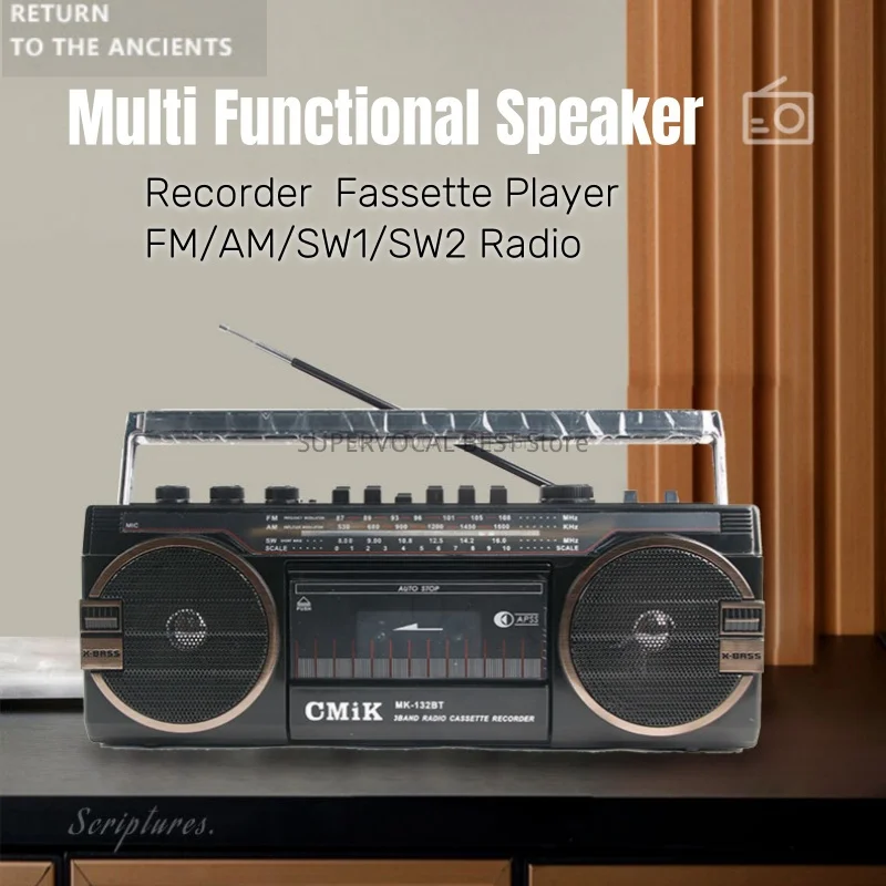 Desktop AM/FM/SW 4-band Radio Tape Cassette Player Recorder 3 in 1 Wireless Bluetooth Speaker Portable Stereo Music Box TF/USB