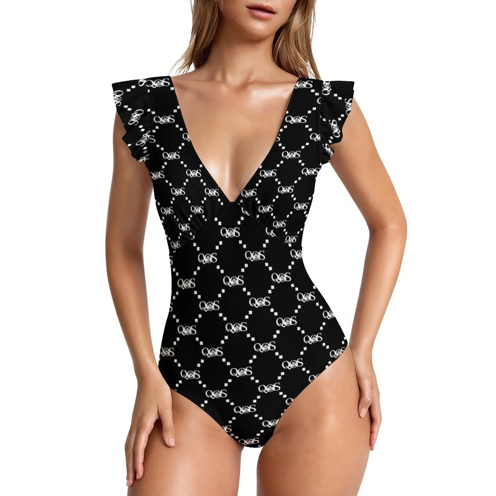 Women's QoS printed ruffle edge deep V-neck independent swimsuit women's beach party clothing