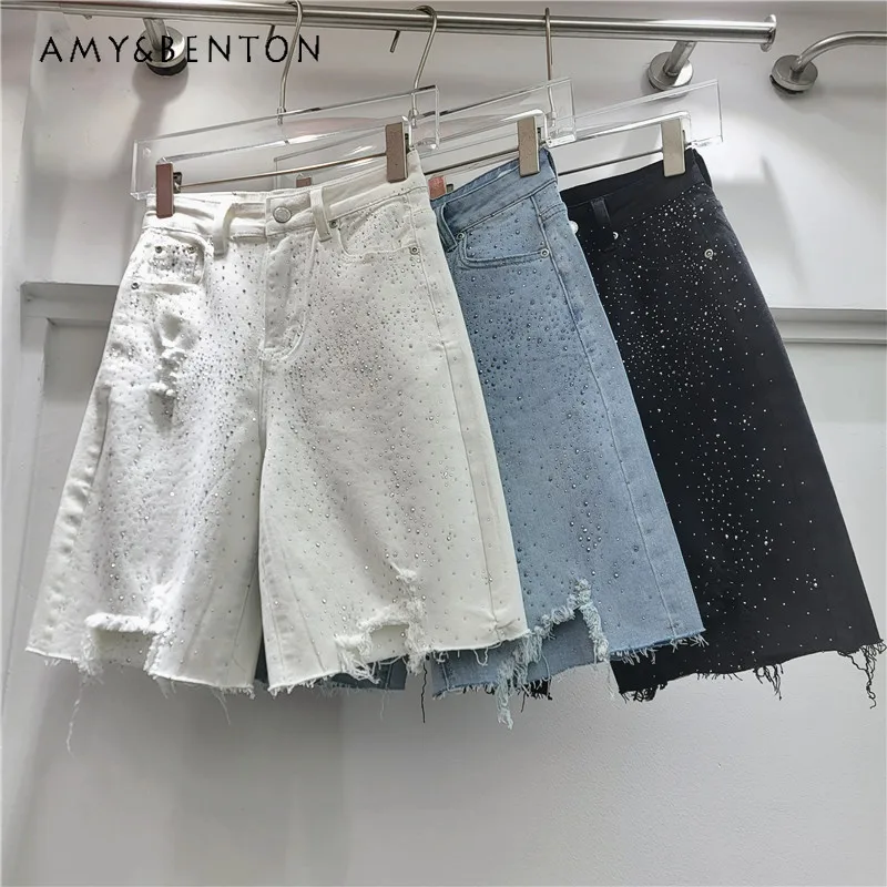 

High Waist Diamond Drills Hole Denim Shorts Female 2026 Summer New Loose Stretch Slimming Wide Leg Five Points Short Pants Women