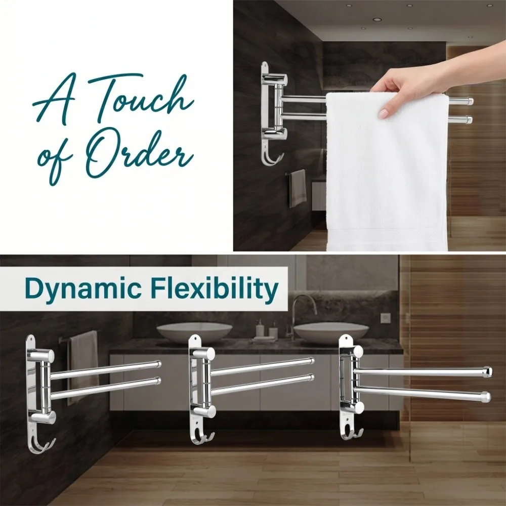 

Stainless Steel Rotary Towel Rack Silver Adjustable Swing Arms Towel Rack Double Hook Wall Mounted Swivel Towel Bar Convenient
