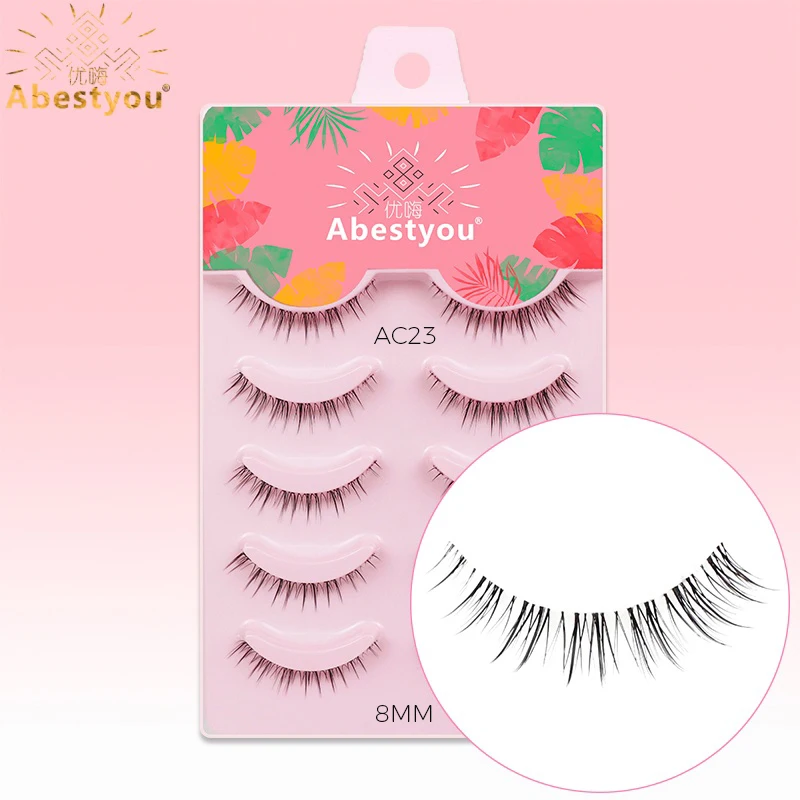 Abestyou Handmade 8mm 5in1 Clear Band Short Faux Mink Light Lash Cilios Cat Fox Eye Eyeliner Wet Natural Makeup Eyelash Wimpern