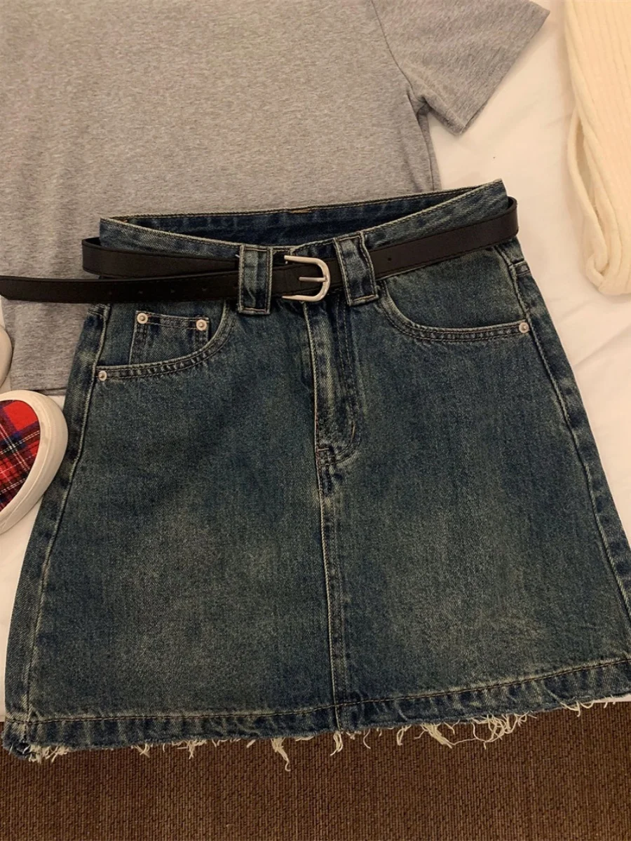 الرجعية الكورية Sle عالية الخصر ألف خط تنورة المرأة فضفاضة الدنيم ort التنانير العصرية المتوترة هملين الخريف جديد حجم كبير #2