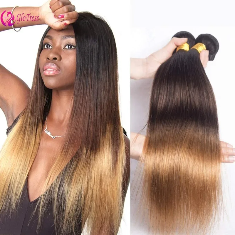 Ombre Brazilian Virgin Human Hair Bundle 12-26Inch Straight Weave Double Weft Extension Hair  Bundle 100g/PC T1B/4/27