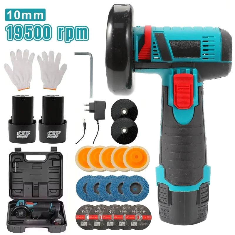 12V Mini-Lithium-Winkelschleifer mit Bürstenmotor, EU-Standardstecker, 2 Batterien, wiederaufladbares Schneid- und Polierwerkzeug