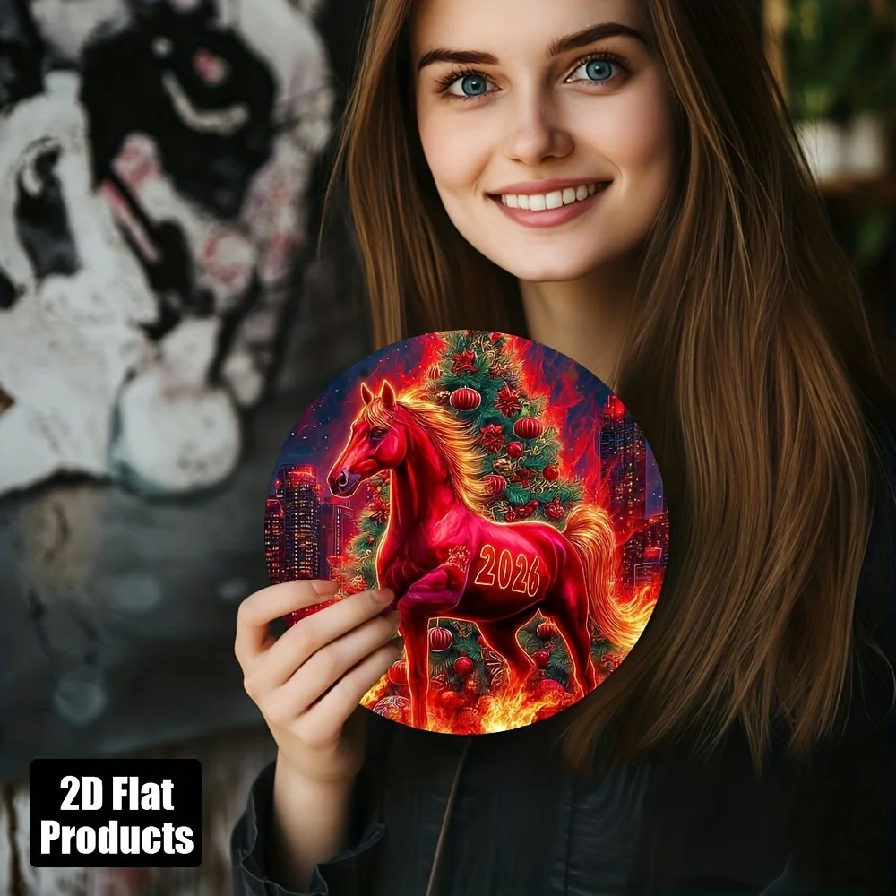 2D flach, 1 Stück 2026 Red Horse Wandschild – Retro 2026 Chinesische Neujahrsdekoration, kreisförmiges Logo mit künstlichem Holzfeuerthema, offiziell