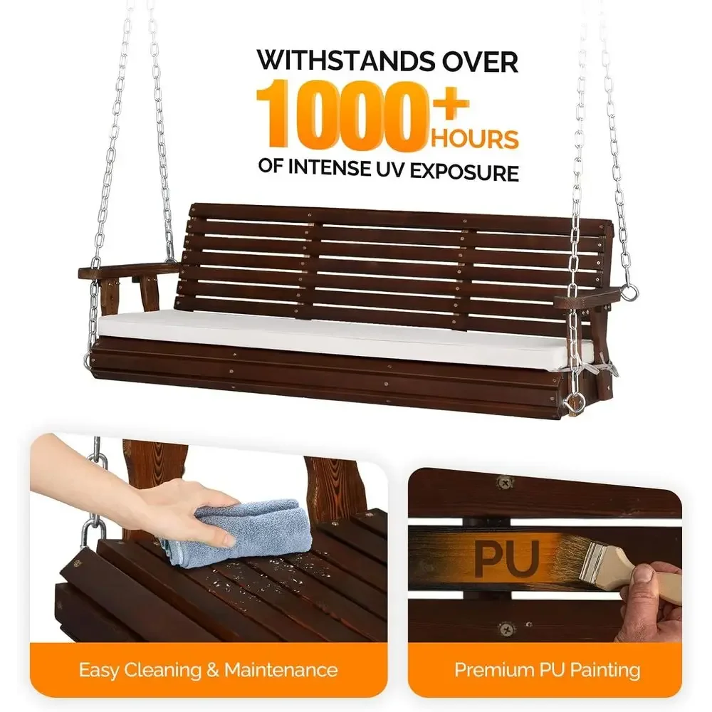 Durable 880 lbs Capacity Wooden Swing Bench with Cushion for Patio, Garden, or Courtyard (Rustic, 5 Feet)