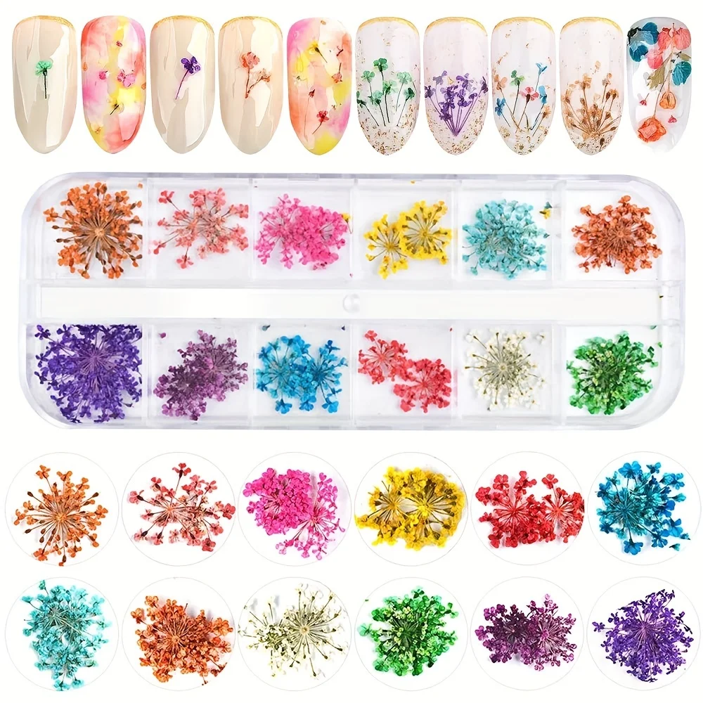 12 Colors Dried Flowers for Nail Art Mini Real Natural Flowers 3D Applique Nail Decoration