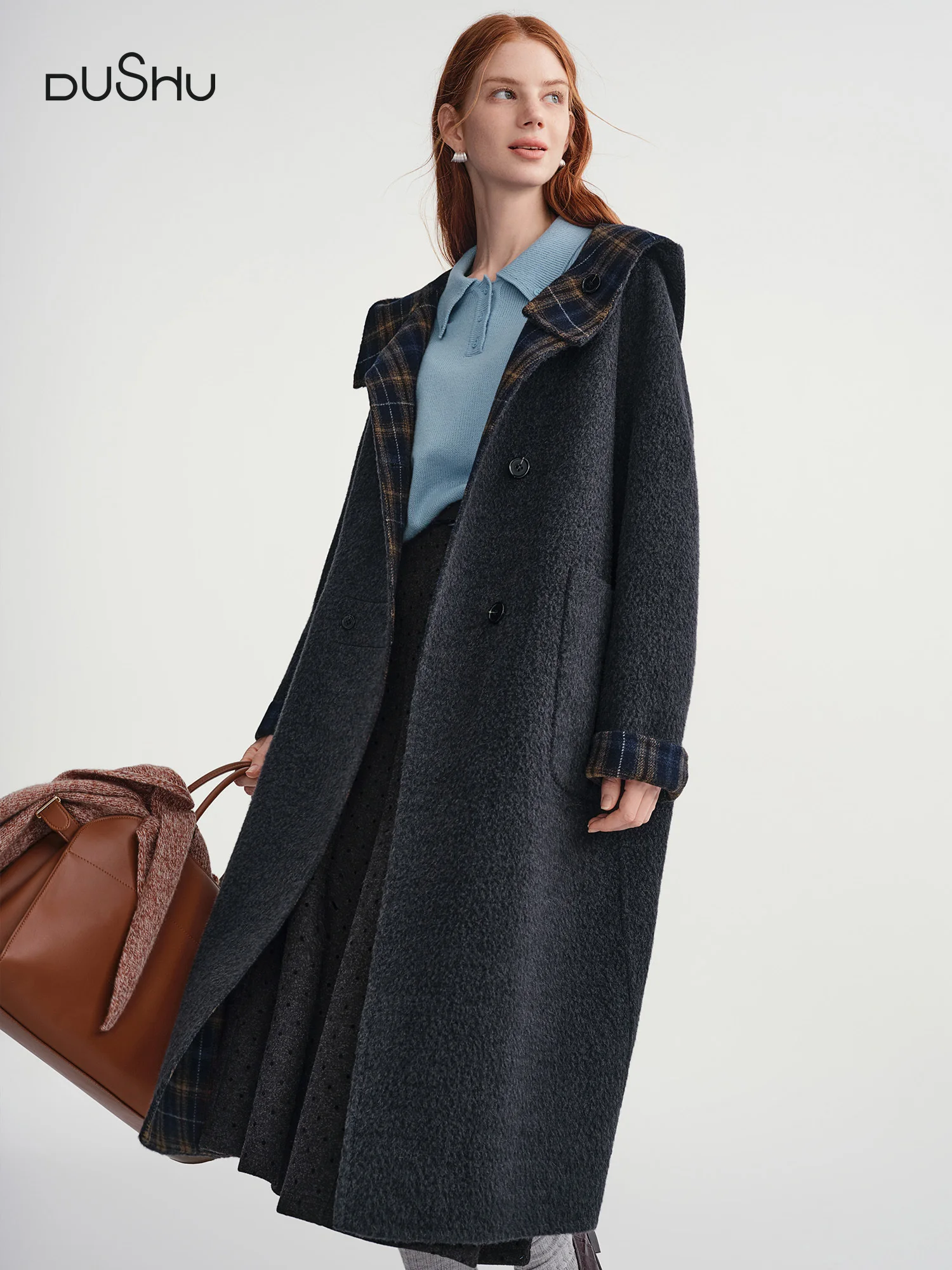 

DUSHU 2025 Women's Reversible Hooded Wool Blend Coat Double Faced Trench Parka British Style Outerwear Casual Long Sleeve