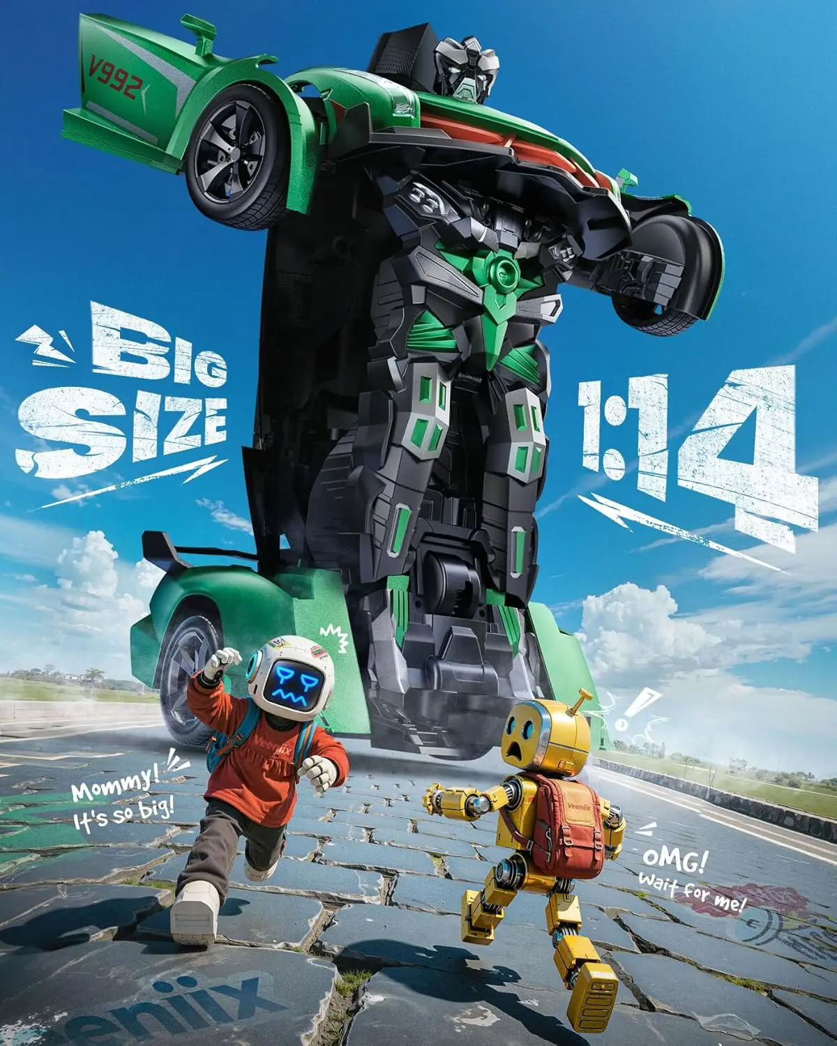 2-in-1 Transforming Robot Remote Control Car, 1:14 Scale RC Toy Car with Sound & Light Effects, Gesture Sensing, Automatic Deformation, Gifts for Boys and Girls Ages 4-6 (Green)