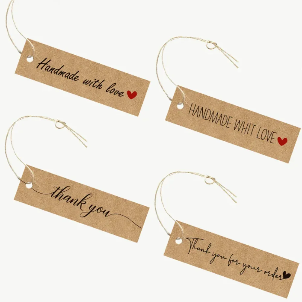 50pcs Rectangle Craft Paper Brown Label Tag Hanging Cards Thank You Greeting Cards Handmade With Love Jewelry Packages 10m Cord