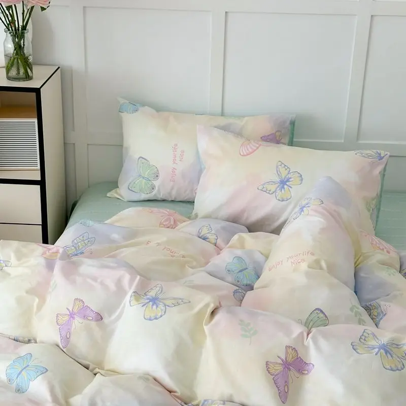 Butterfly Duvet Cover Set Ins Korean Pillowcases Flat Sheet Bedding Set Girls Boys Queen Twin Szie Soft Bed Linens