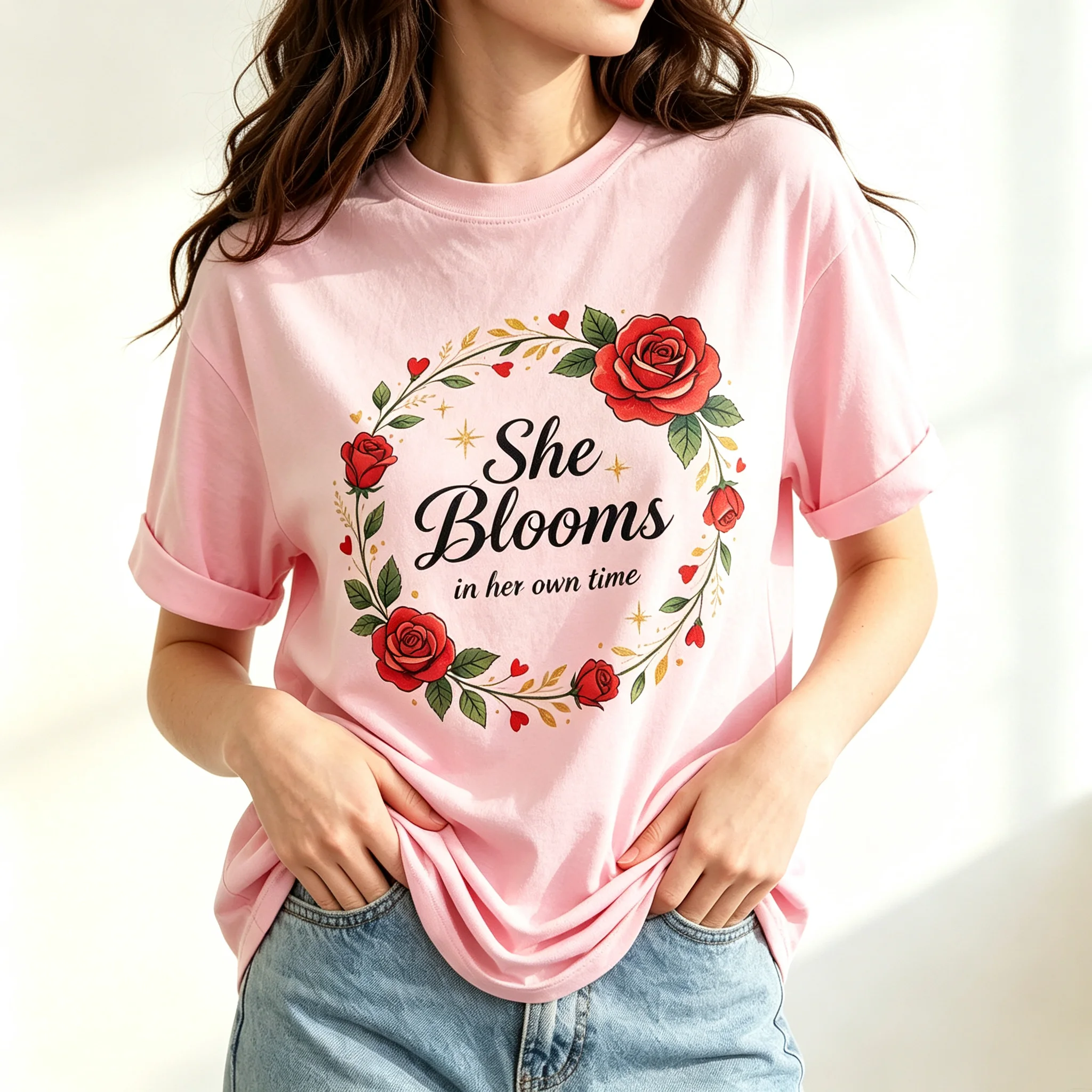 She Blooms In Her Own Time Graphic T-Shirt, Red Rose Wreath Inspirational Quote Women Short Sleeve Tee