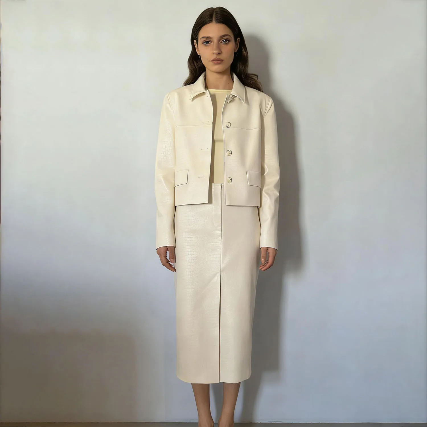 

LIMO Casual White Faux Leather 2 Piece Set Women Cropped Jacket Split Midi Skirt Spring Autumn Daily Outfit