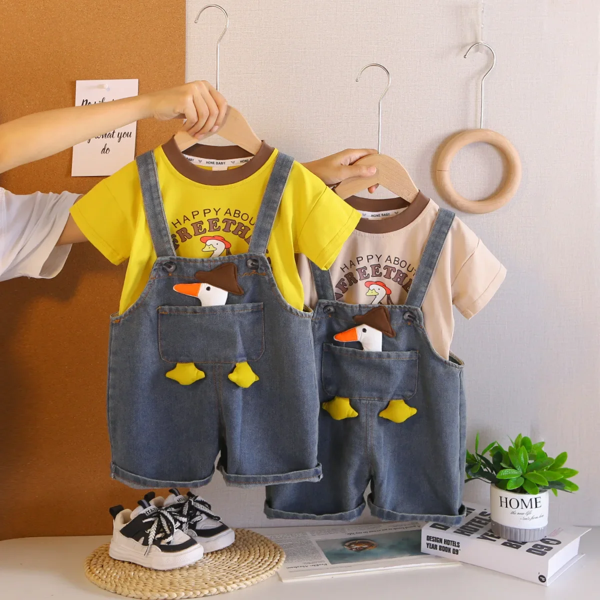 Boys Girls Summer Overalls Set Duck Print Short Sleeve T-Shirt Denim Shorts 2Pcs Kids Outfit Children's Casual Clothing