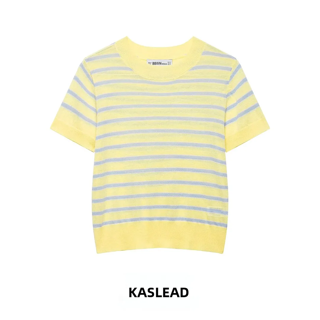 

KASLEAD New Women's Faion Simple Stripe ort Sve Knitted Sweater round Ne Polyester Fiber Spring Season Casual Wear
