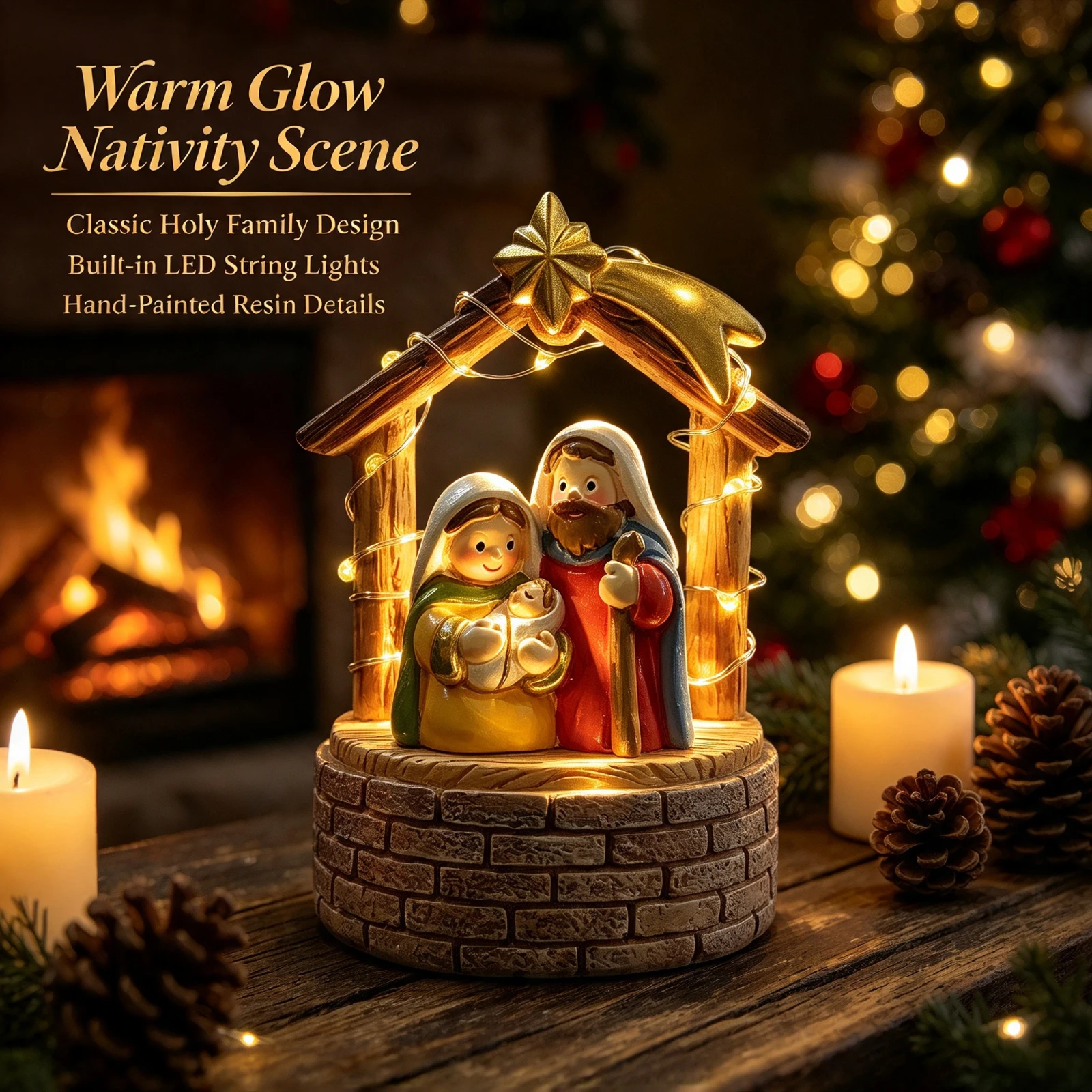 Resin Nativity Scene Figurine Set LED, Light Up Holy Family Manger Stable, Baby Jesus Marys Josephs Christmas Home, Table Decor