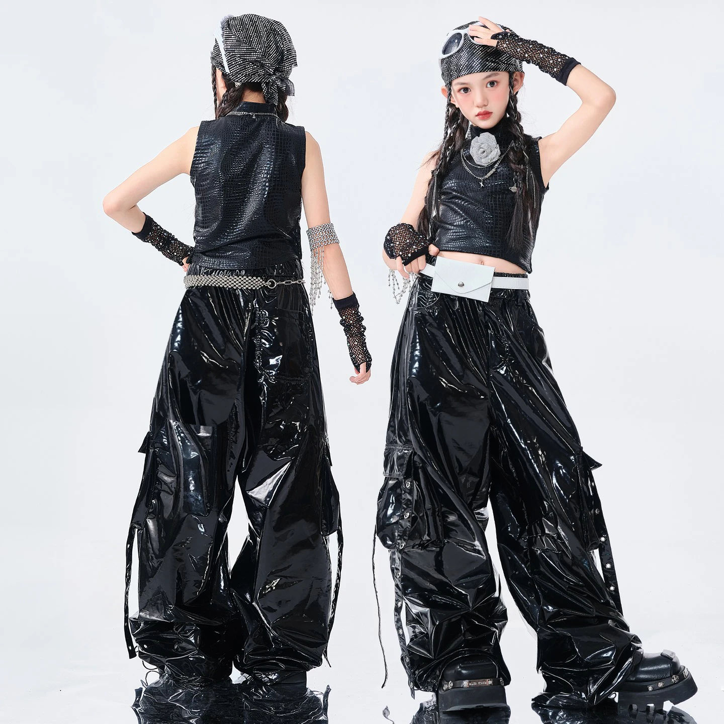멋진 소녀 힙합 의류 블랙 민소매 탑 가죽 바지 재즈 공연 의상 그룹 Kpop 무대 댄스 착용 세트 BL16422