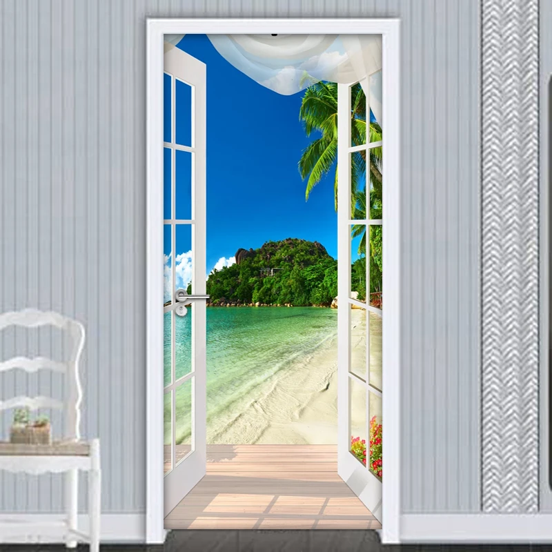 Self-adhesive Door Sticker 3D Beach Landscape PVC Waterproof Door Decal Mural Photo Wallpaper For Living Room Bedroom Decor