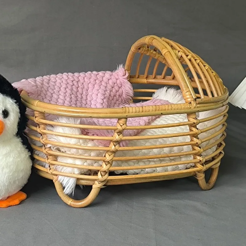 Log rattan basket bed, Indonesian handmade rattan art bed studio baby real scene setting