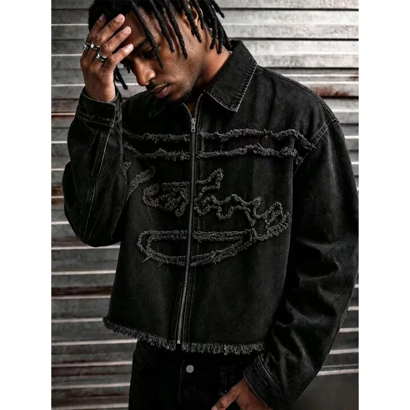 Men Y2K Vintage Black Cropped Denim Jacket Raw Frayed Trim Embroidery Zip Front Jean Coat