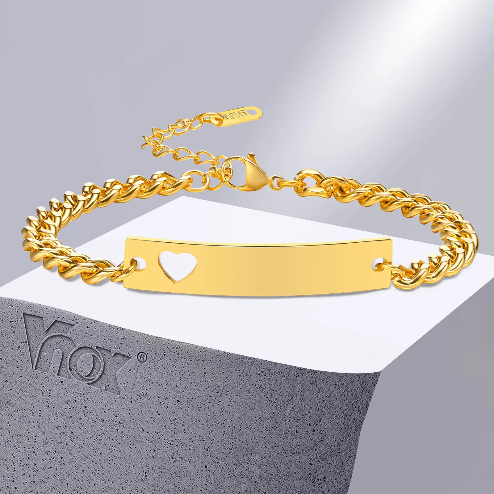 

Vnox Free Custom Bracelets for Men Women, Stainless Steel Hollow Heart Bangle, Couple Promise Love Gift