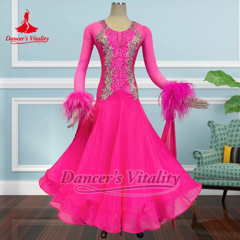Vitalidad del bailarina vals Tango el nuevo estilo Color rosa traje de concurso profesional personalizar ropa de baile de salón tipo plumas