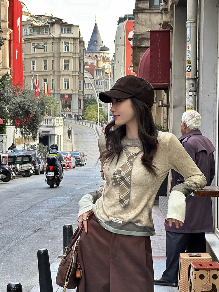 

Винтажный вязаный свитер ZQ в университетском стиле для женщин, осенняя новинка, модный топ с креативным принтом, повседневный лонгслив