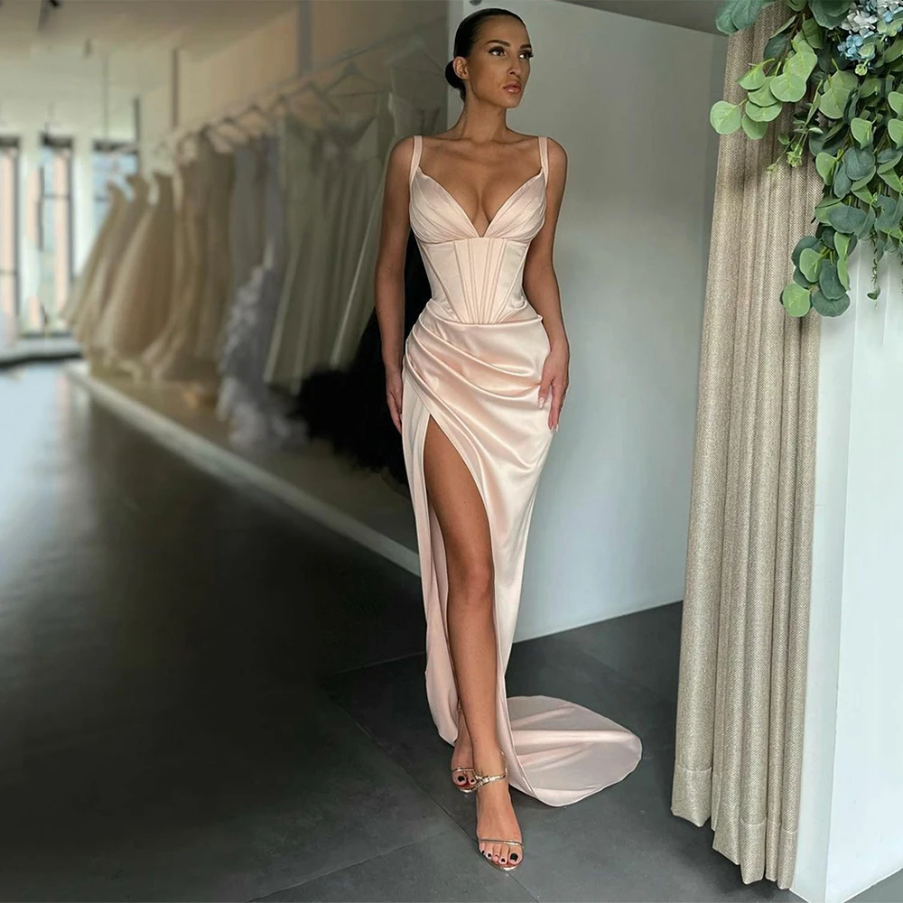 

Elegant Ladies Sexy V Neck Thin Double Strap Satin Evening Dress Sweeping Train Formal Party Ball Side High Slit Mermaid Vestido