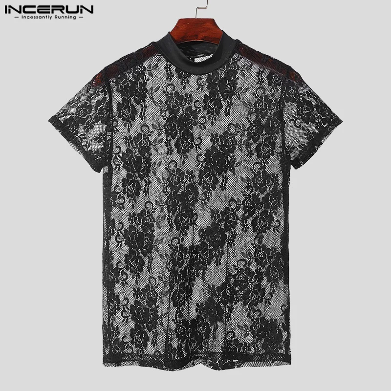 INCERUN Men T Shirt Lace Transparent Turtleneck Short Sleeve Sexy Summer Men Clothing Streetwear 2024 Fashion Party Camisetas