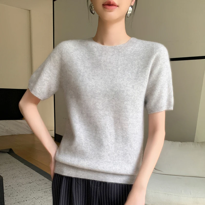 

ATTYYWS New women's O-neck cashmere sweater T-shirt, summer knitted pullover short sleeved women's sweater Comfortable and Soft