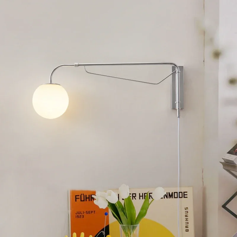 Modern Plug in Wall Lamp LED Rocker Arm Glass Ball Reading Simple Living Room Sofasides Retractable Bedroom Bedside Wall Sconces