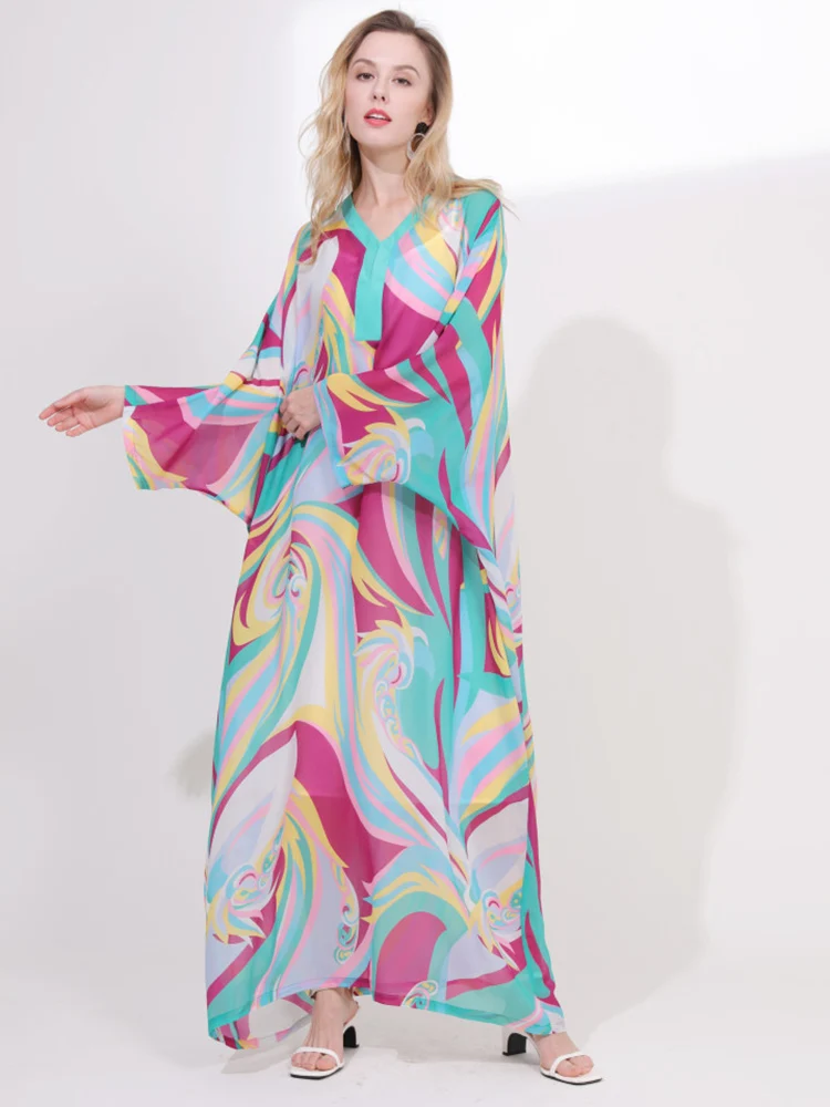 Robe-fashion Women Dress Geometric Printing Loose Vestidos Pullover V Neck Batwing Sleeve Party Holiday Expansion Lady