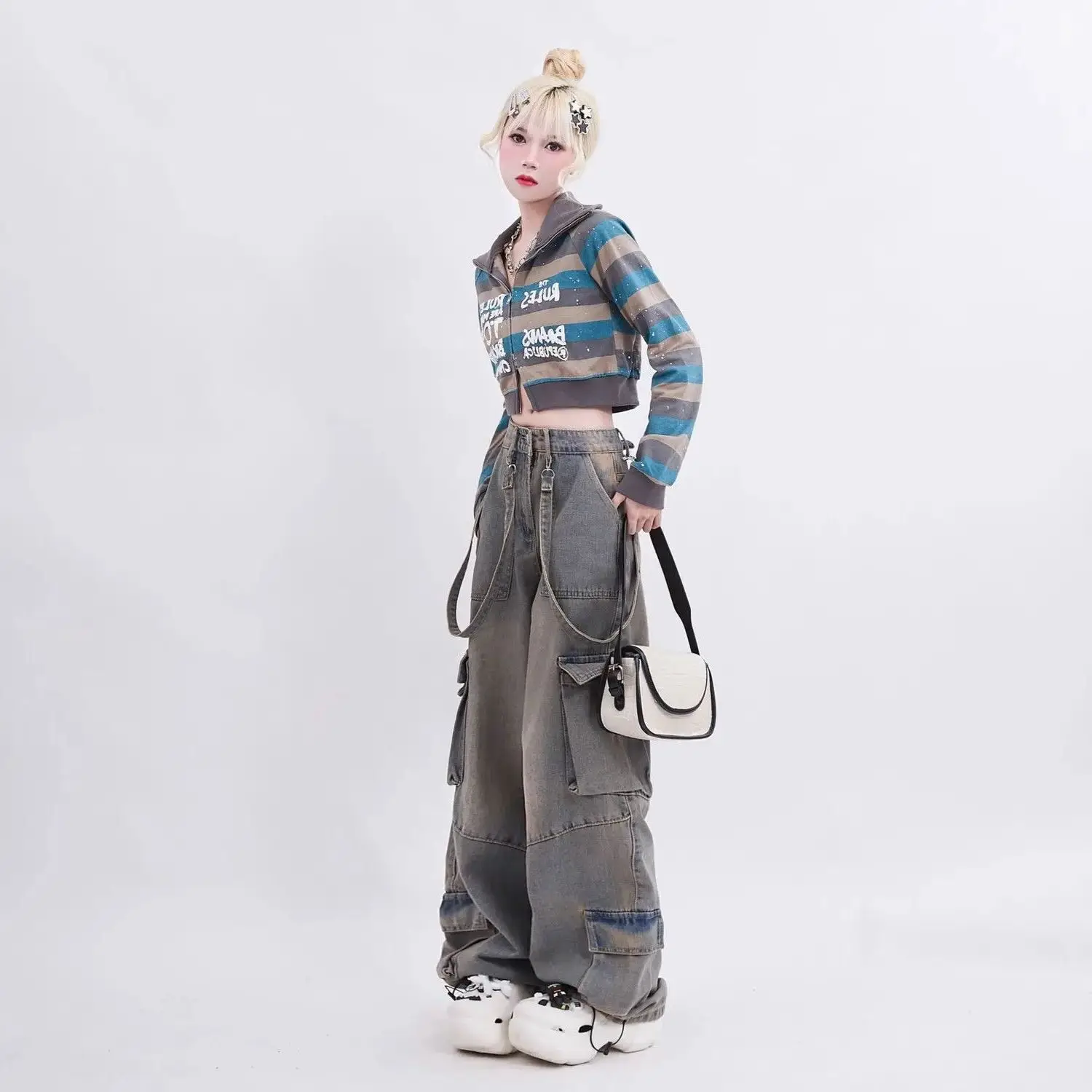 Retro Workwear Old Multi-Pocket Jeans Women Spring Summer New Niche Design High Waist Casual Versatile Straight Floor Trousers