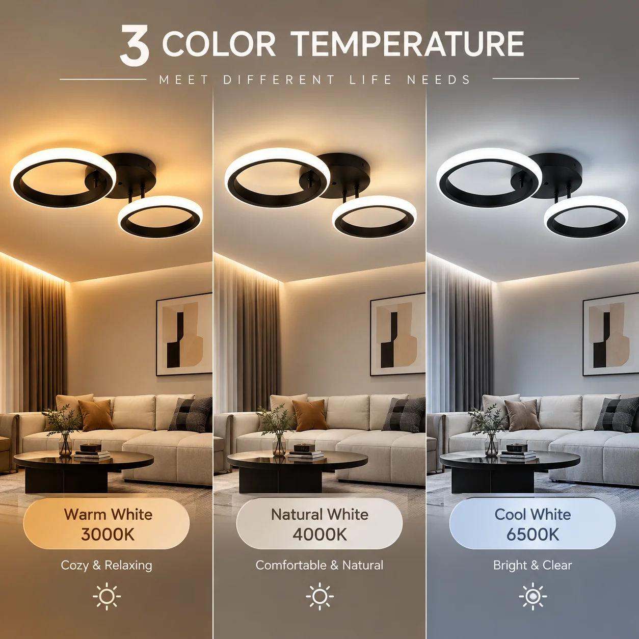 3000K Warm White Double Ring LED Ceiling Light Minimalist Black Ceiling Lamp for Bedroom Hallway Living Room