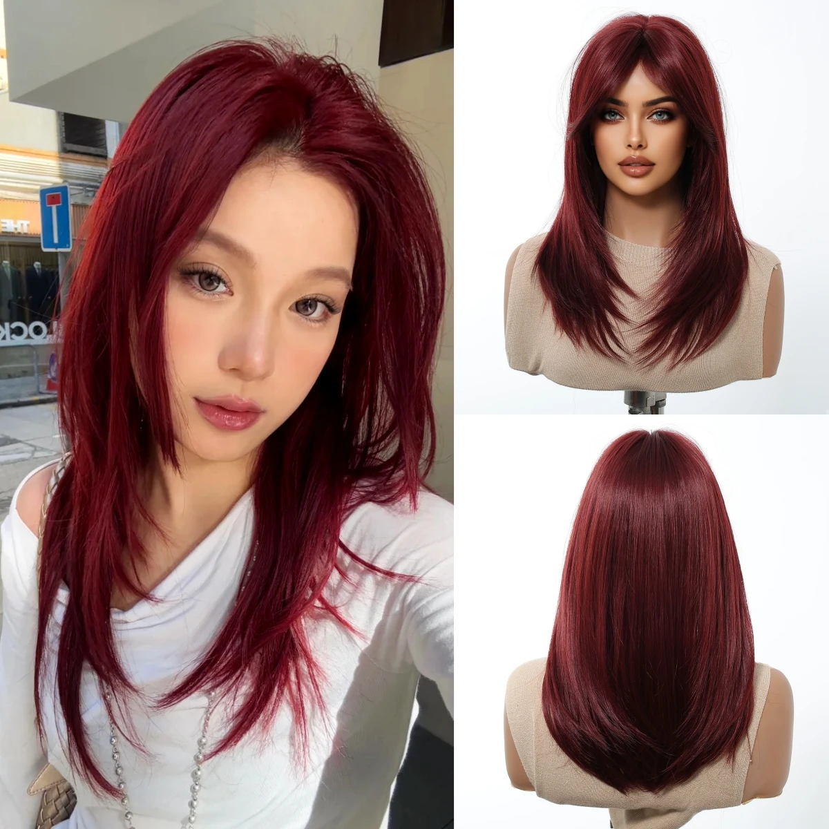 

Red Colorful Synthetic Wigs For Lolita Cosplay Medium Length Straight Layered Wigs With Side Bangs For Women High Temperature