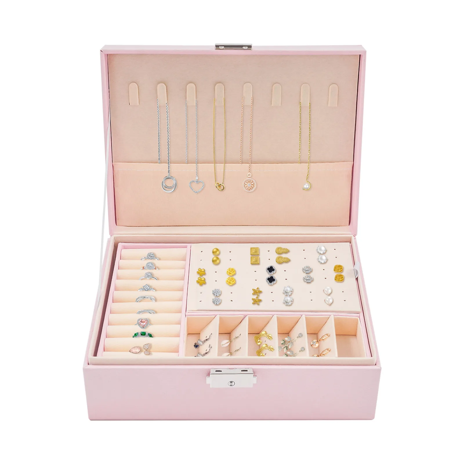 2-lagige abschließbare Schmuckaufbewahrungsbox mit herausnehmbaren Trennwänden, Schreibtisch-Organizer für Ringe, Ohrringe, Armbänder, Halsketten, Broschen, für den täglichen Schmuckaufbewahrungszweck auf dem Schminktisch zu Hause. – Detail 32