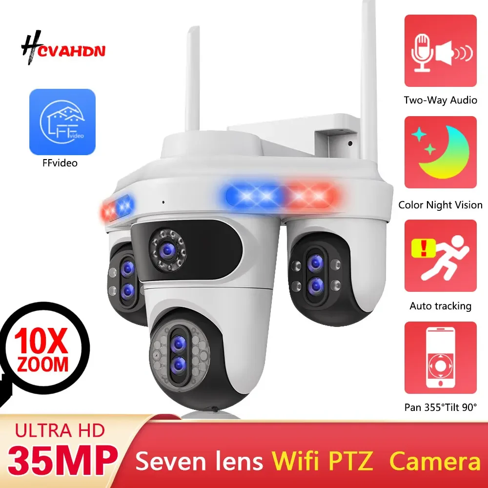 Wireless Outdoor Surveillance Cam 35MP 7 Lens WiFi Camera 10X Zoom CCTV 4 Screen Auto Tracking PTZ Cameras WiFi Security Camera