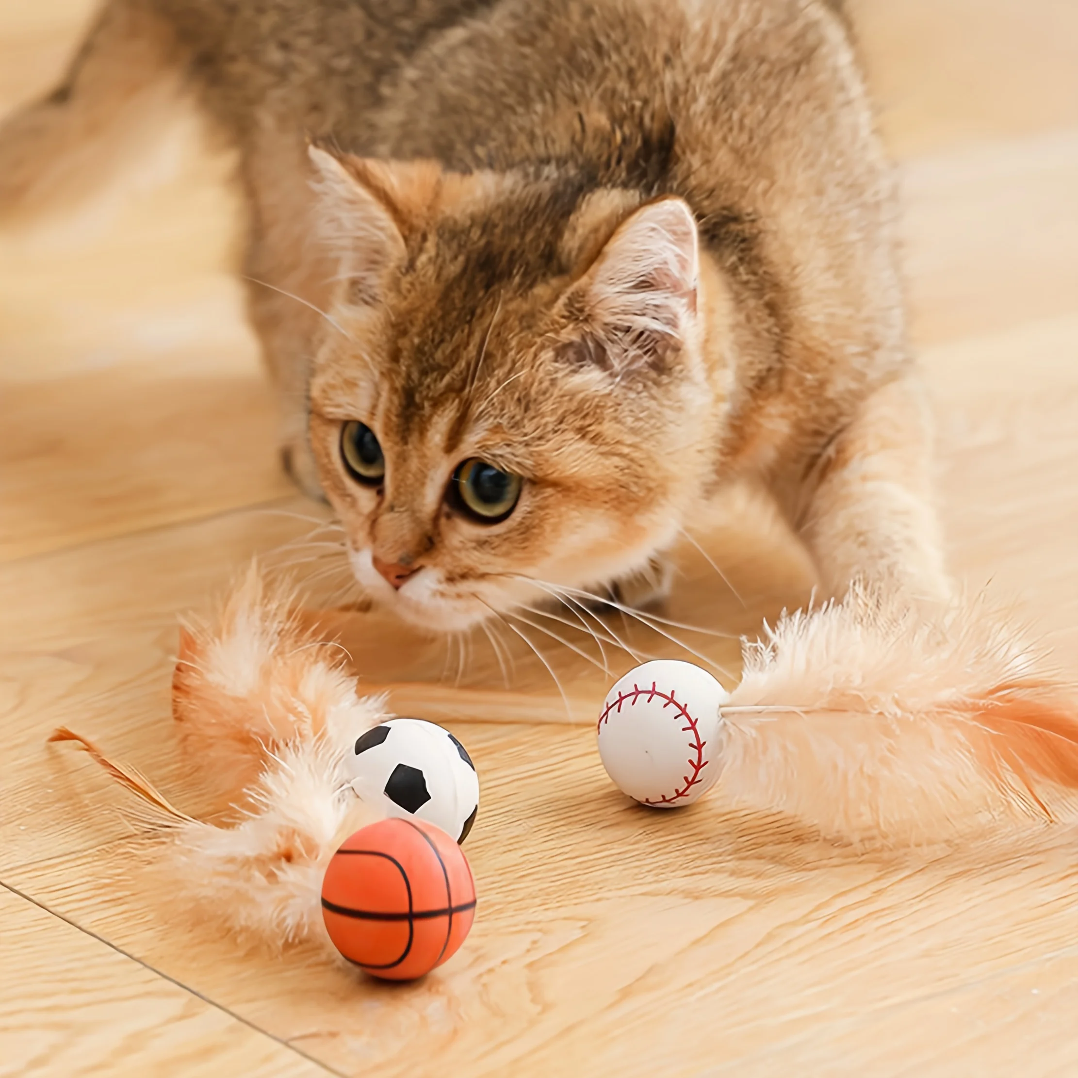 Durable Cat Teasing Balls Cat  Cat Ball Toys Chew Kitten Teaser Toys Pet ProductsCat Ball Toy Rubber Balls Bounce with Feath