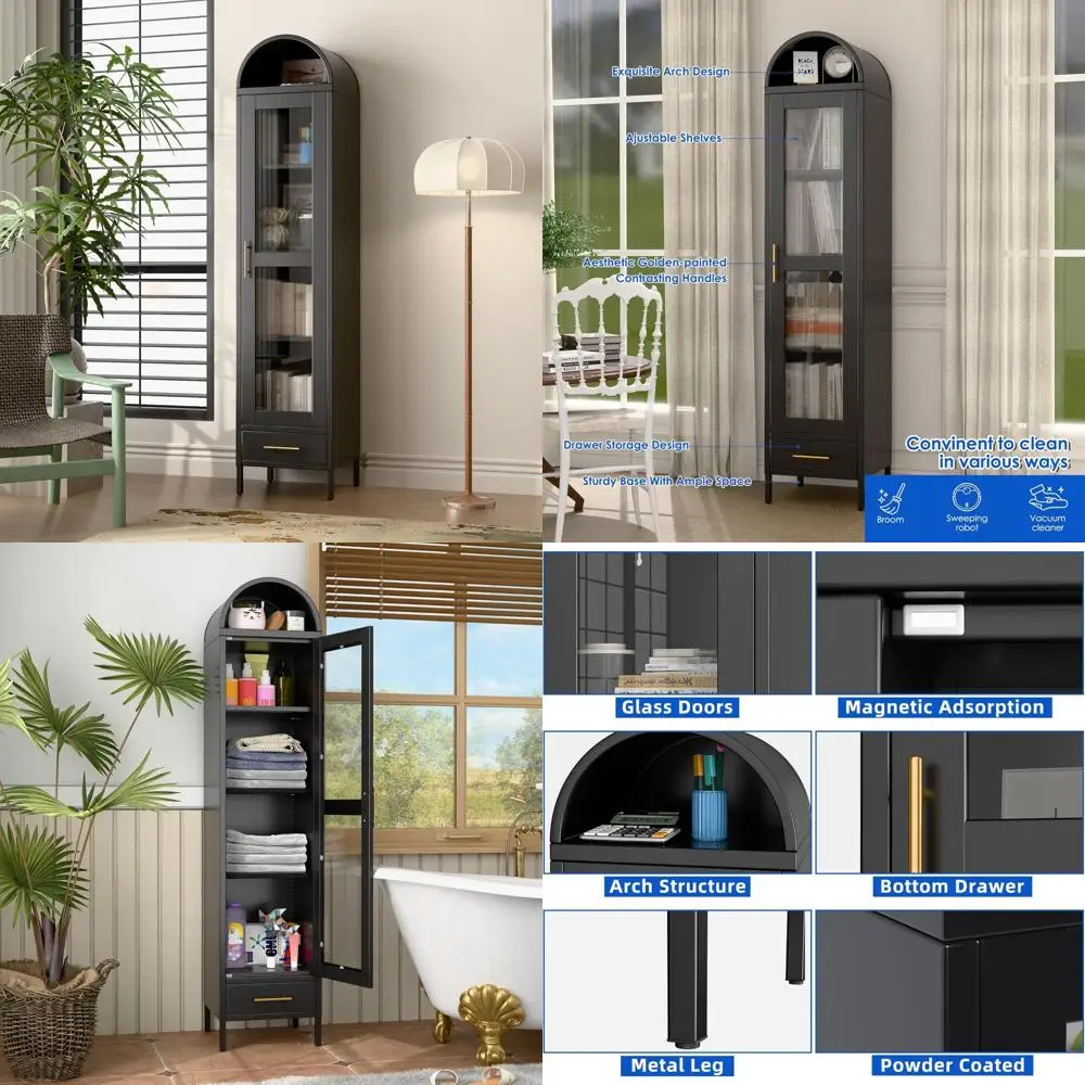 Большой металлический арочный шкаф для хранения со стеклянными дверцами, полками и ящиком для гостиной и кухни