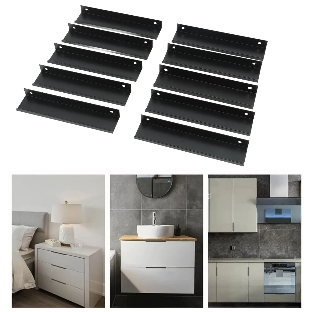 10pcs Modern Aluminium Alloy Cabinet Edge Pulls Black Concealed Mount Drawer Pull Handles Finger Pull Door Handles Kitchen